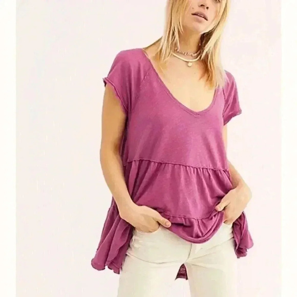 Free People Sunshine In The Rain Tee Raspberry - Picture 1 of 6